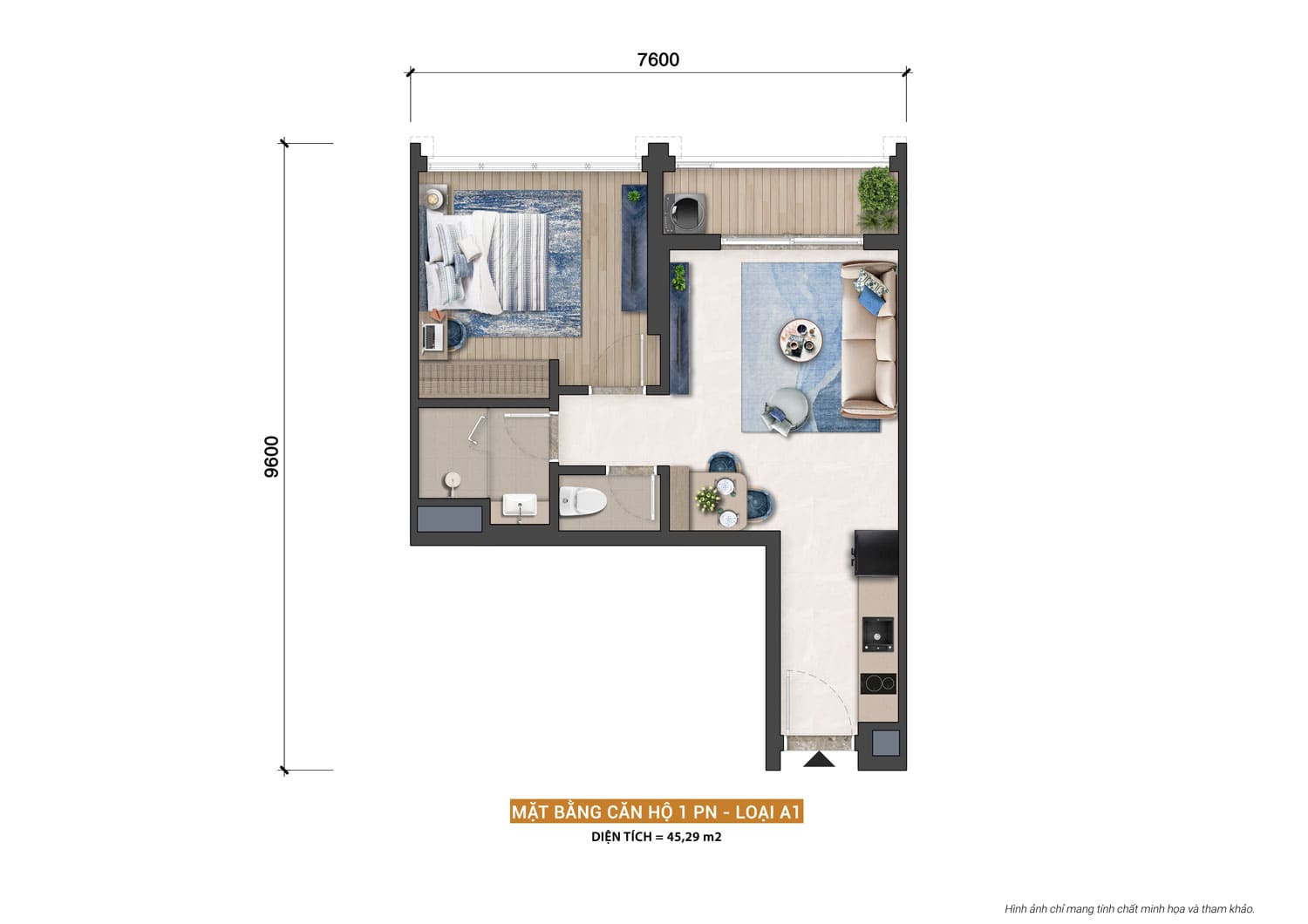 Layout thiết kế căn hộ 1 phòng ngủ loại 45m2 dự án Sun Group Nha Trang