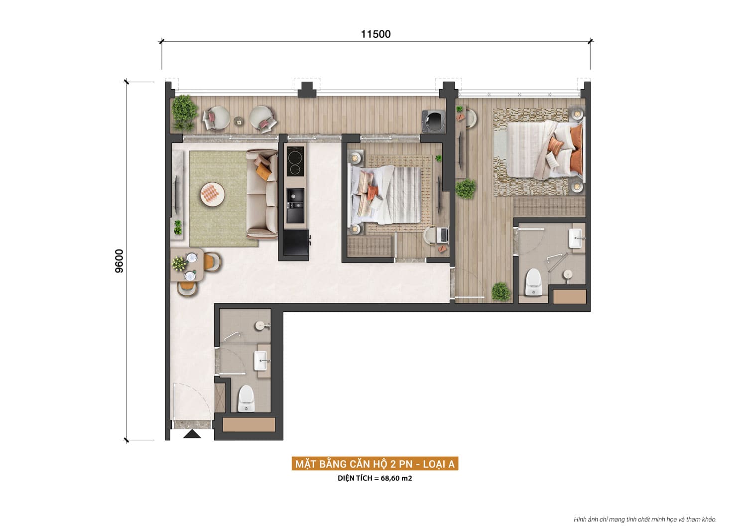 Layout thiết kế căn hộ 2 phòng ngủ loại 68,60m2 dự án Sun Group Nha Trang