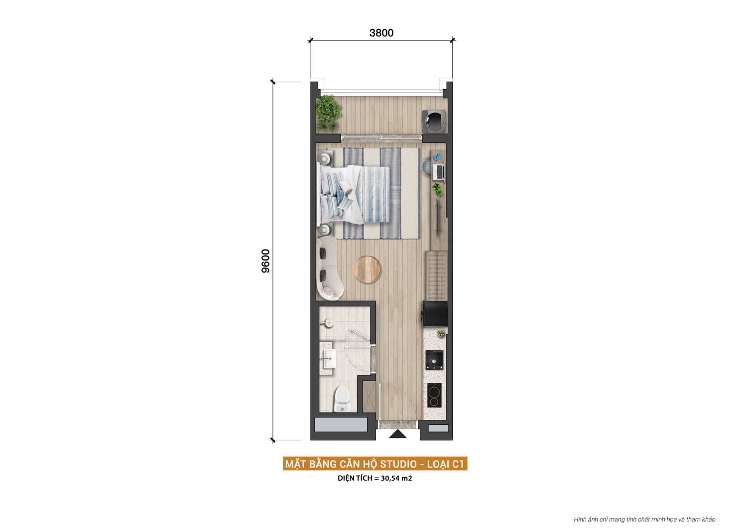 Layout thiết kế căn hộ studio loại diện tích 30,54m2 dự án Sun Group Nha Trang