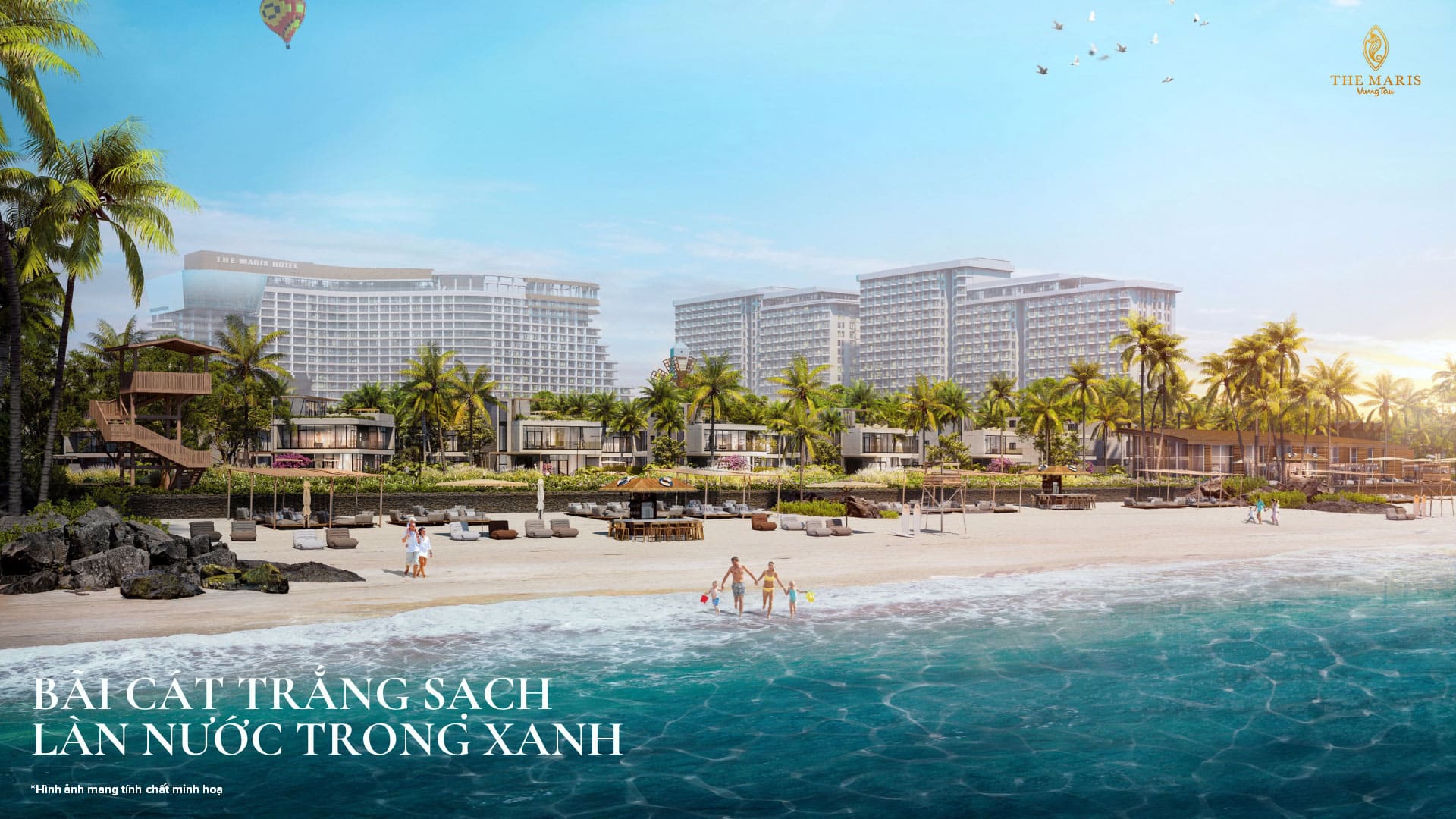 Bãi cát trắng và biển trong xanh tại The Maris mở ra không gian thiên nhiên tinh khôi, mang lại cảm giác nhẹ nhàng, thư thái và trọn vẹn vẻ đẹp đại dương.