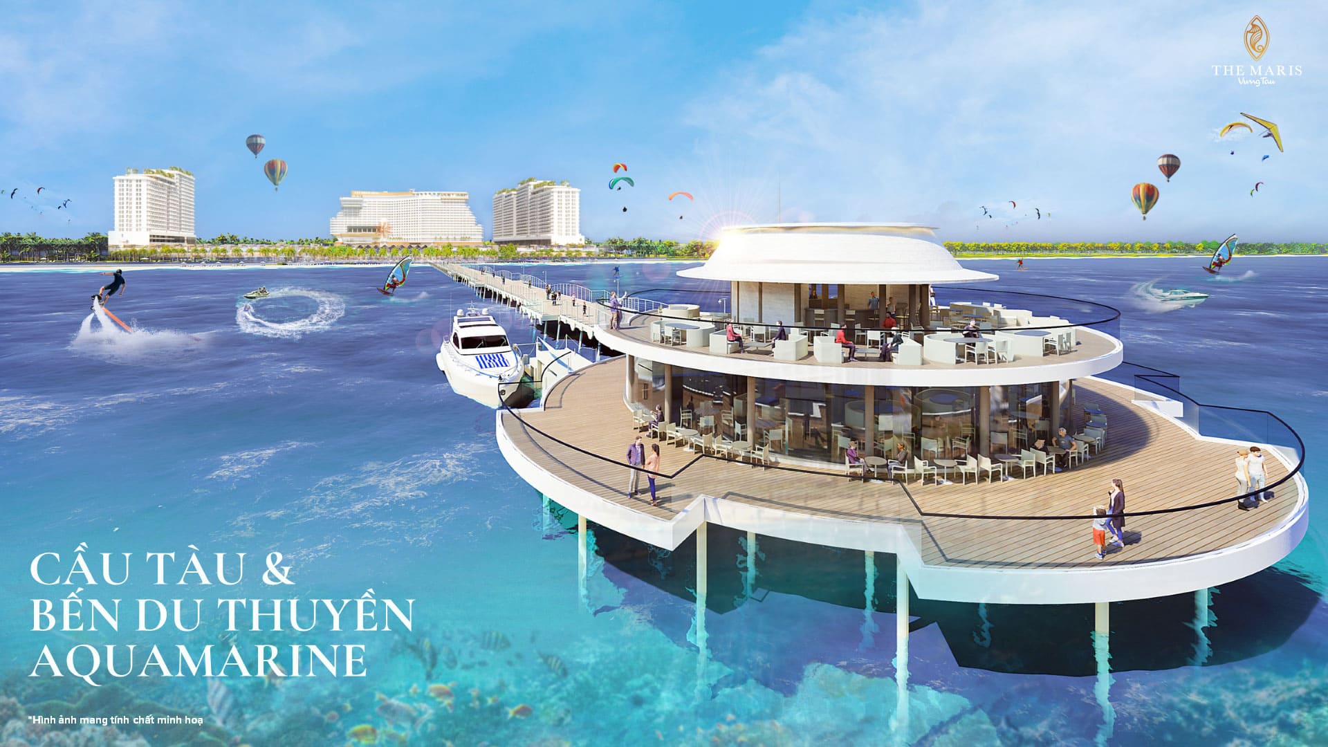 Cầu tàu và bến du thuyền Aquamarine là biểu tượng xa hoa của The Maris, nơi chủ nhân bắt đầu hành trình khám phá đại dương với chuẩn mực nghỉ dưỡng thượng lưu.
