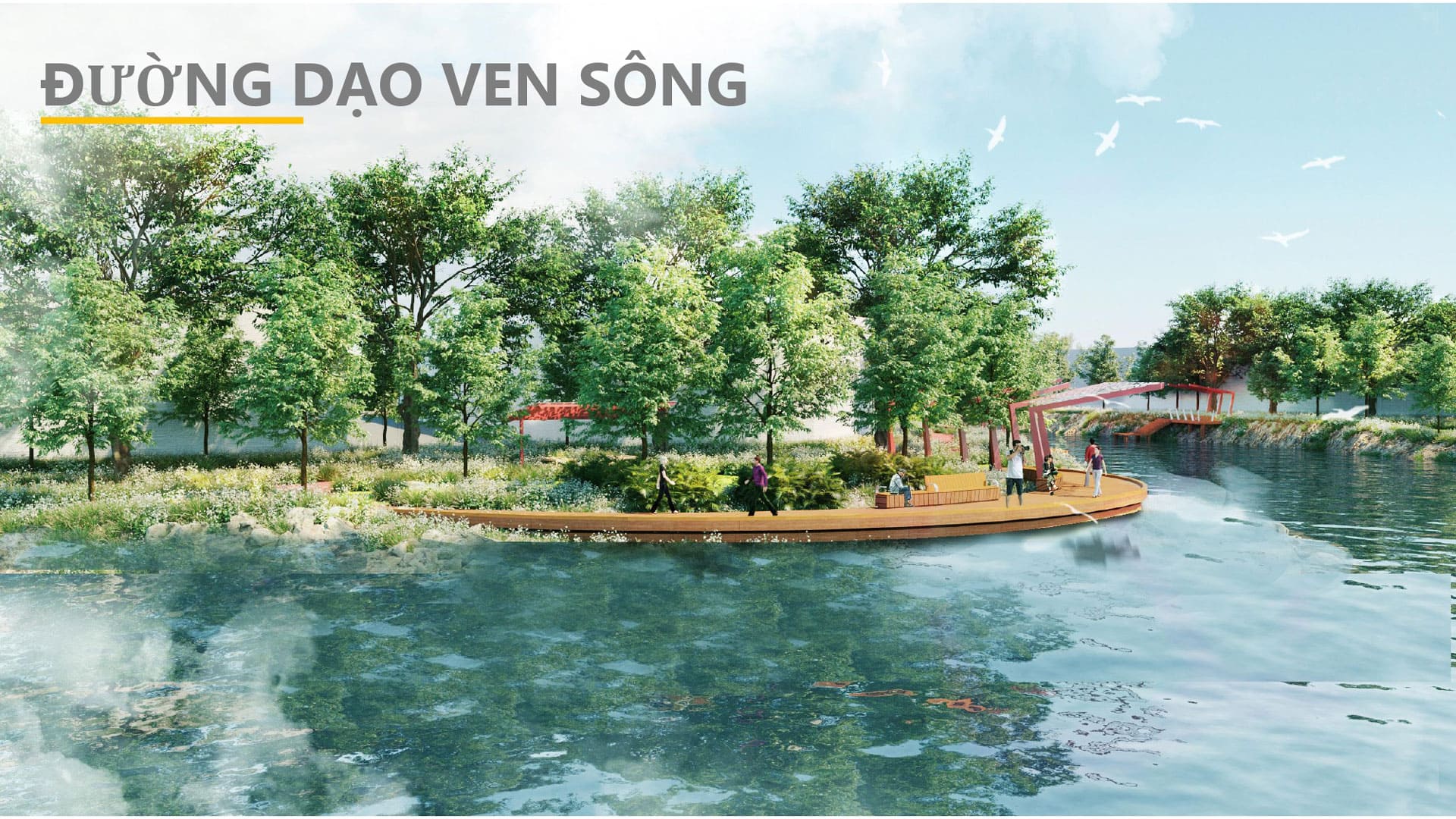 Đường dạo ven sông Aqua City mở ra trải nghiệm tản bộ giữa mảng xanh và mặt nước, nơi cư dân tận hưởng nhịp sống thư thái mỗi ngày.