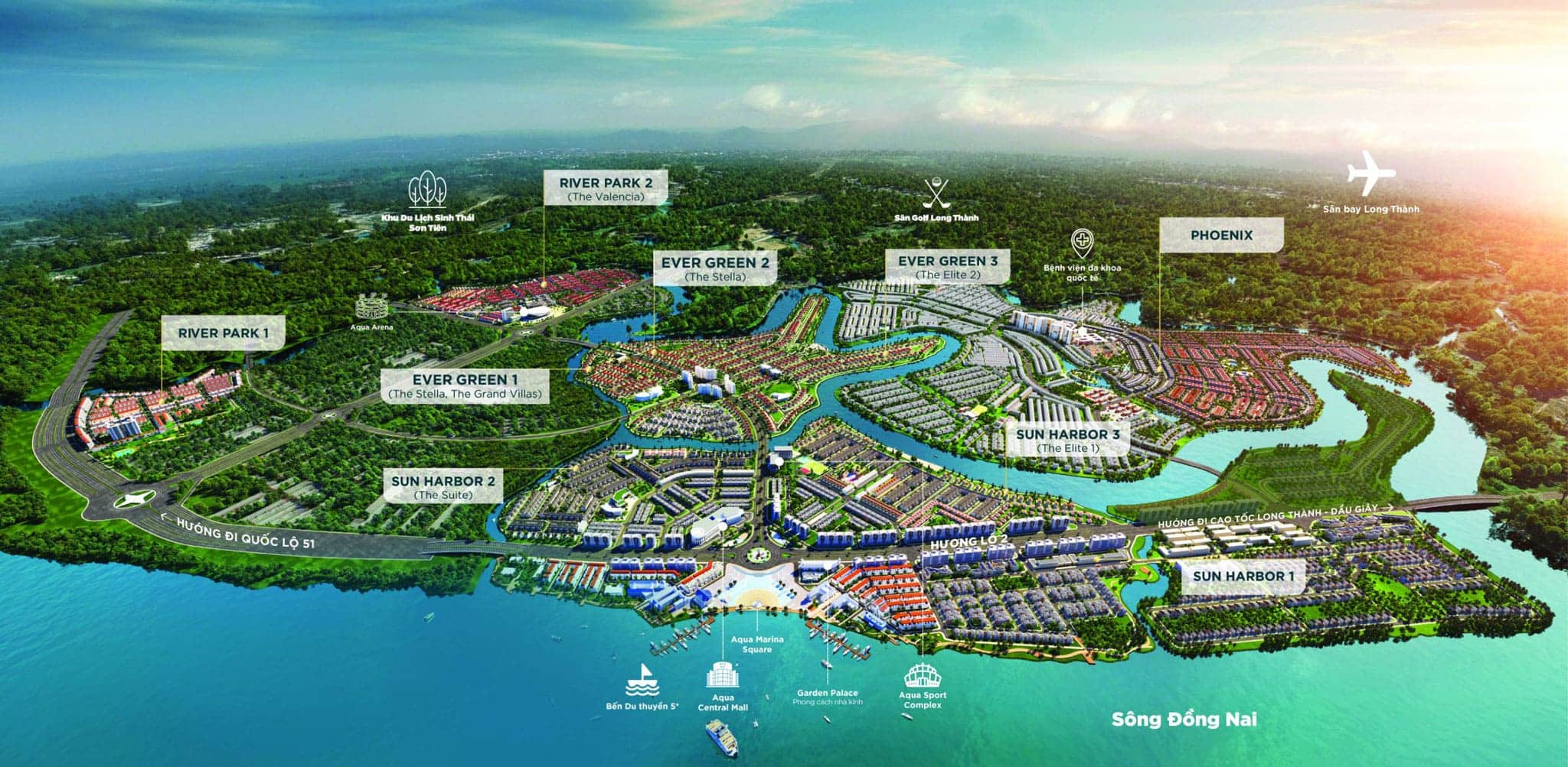 Mặt bằng tổng thể Aqua City kiến tạo bức tranh đô thị sinh thái hoàn chỉnh, kết nối không gian sống, mảng xanh ven sông và chuỗi tiện ích đa trải nghiệm cho cộng đồng cư dân.
