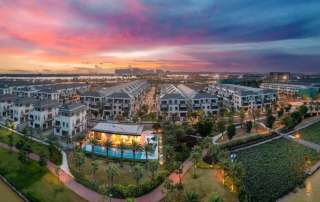 Toàn cảnh quy hoạch Khu đô thị Tường Minh – Aqua Marina City với nhà liên kế, biệt thự, công trình thương mại và hệ thống cảnh quan ven sông.