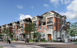 Nhà phố Grand French tại Sun Harbor 1 nổi bật với vòm cong, thức cột tinh giản và mặt đứng cân đối, tạo vẻ đẹp Pháp thanh lịch tại Aqua City Đồng Nai.