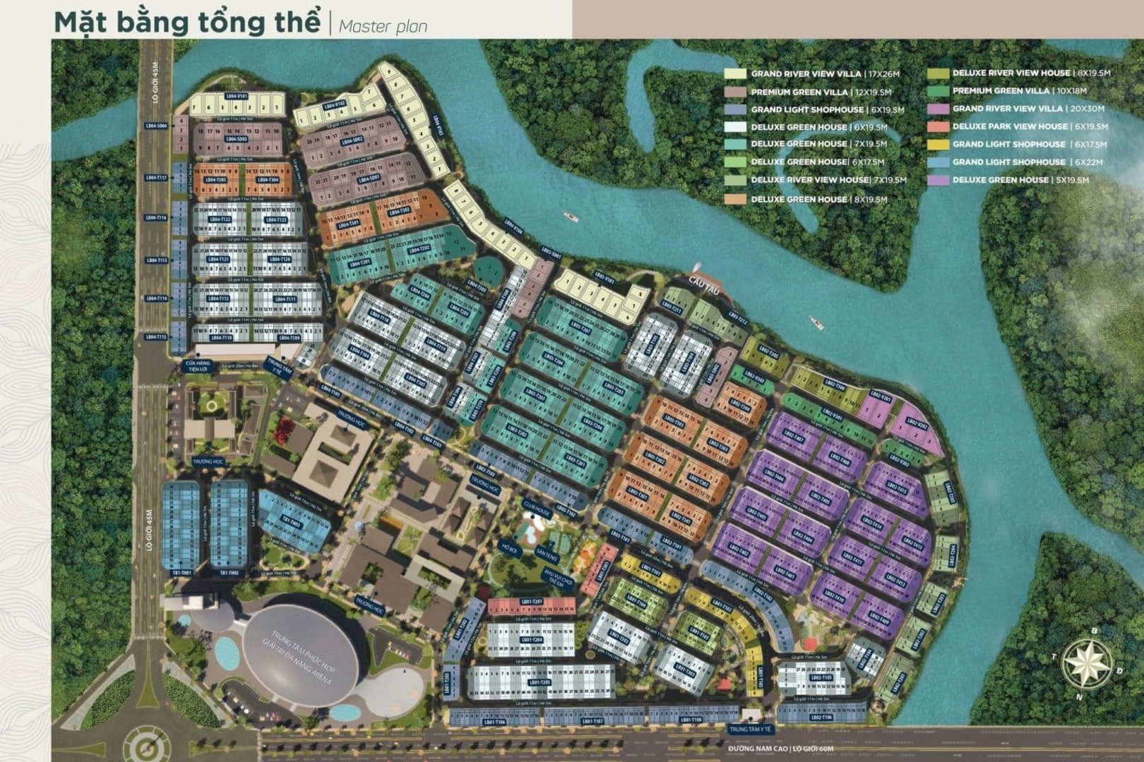 Tổng thể The Valencia – River Park 2 cho thấy vị trí ba mặt giáp sông, hệ nhà phố, biệt thự và mạng lưới tiện ích đang dần hoàn thiện tại Aqua City Đồng Nai.