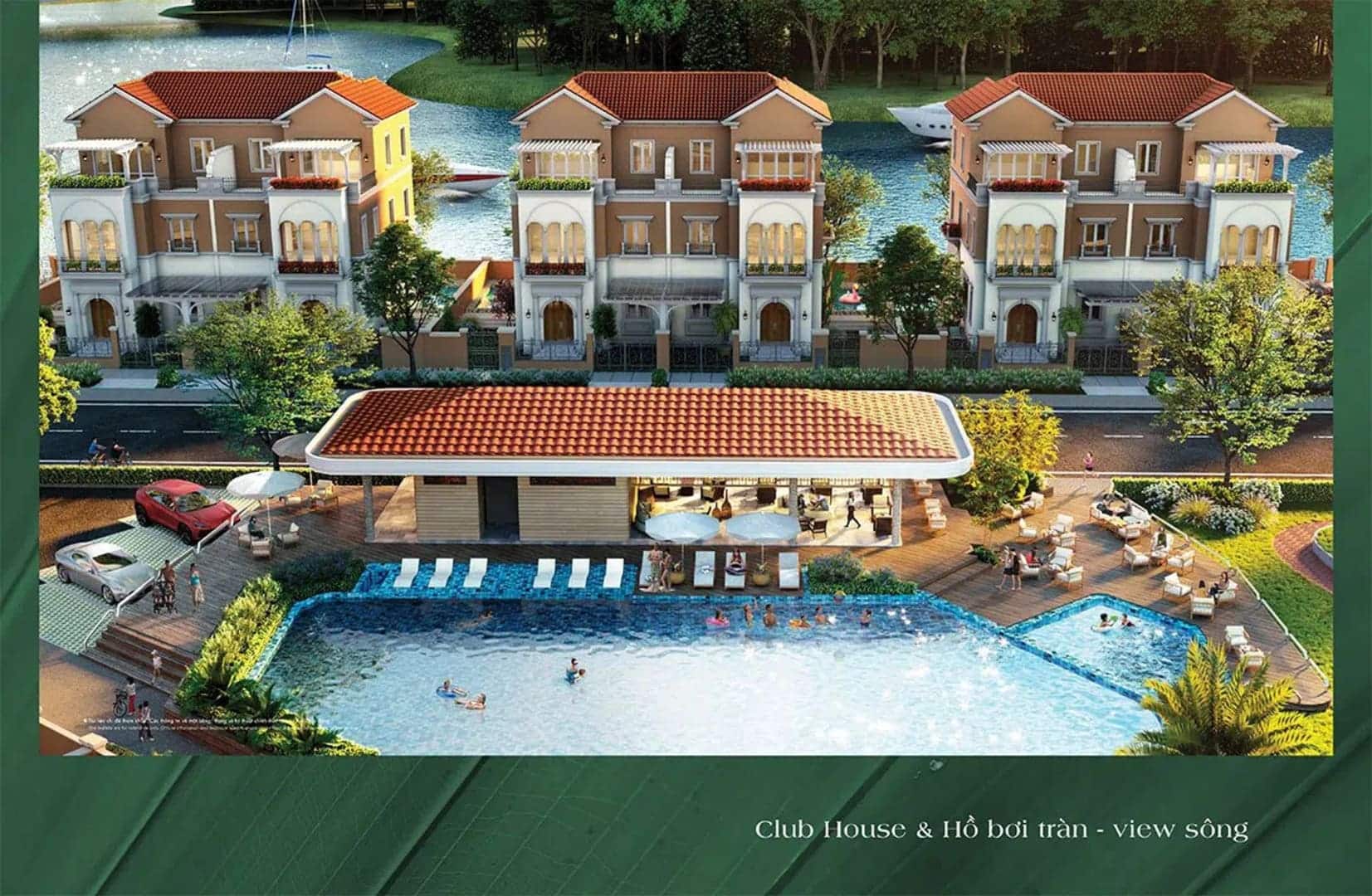 Clubhouse River Park 1 kết hợp hồ bơi tràn bờ hướng sông, tạo không gian thư giãn, vận động và ngắm cảnh riêng tư cho cư dân Aqua City Đồng Nai.