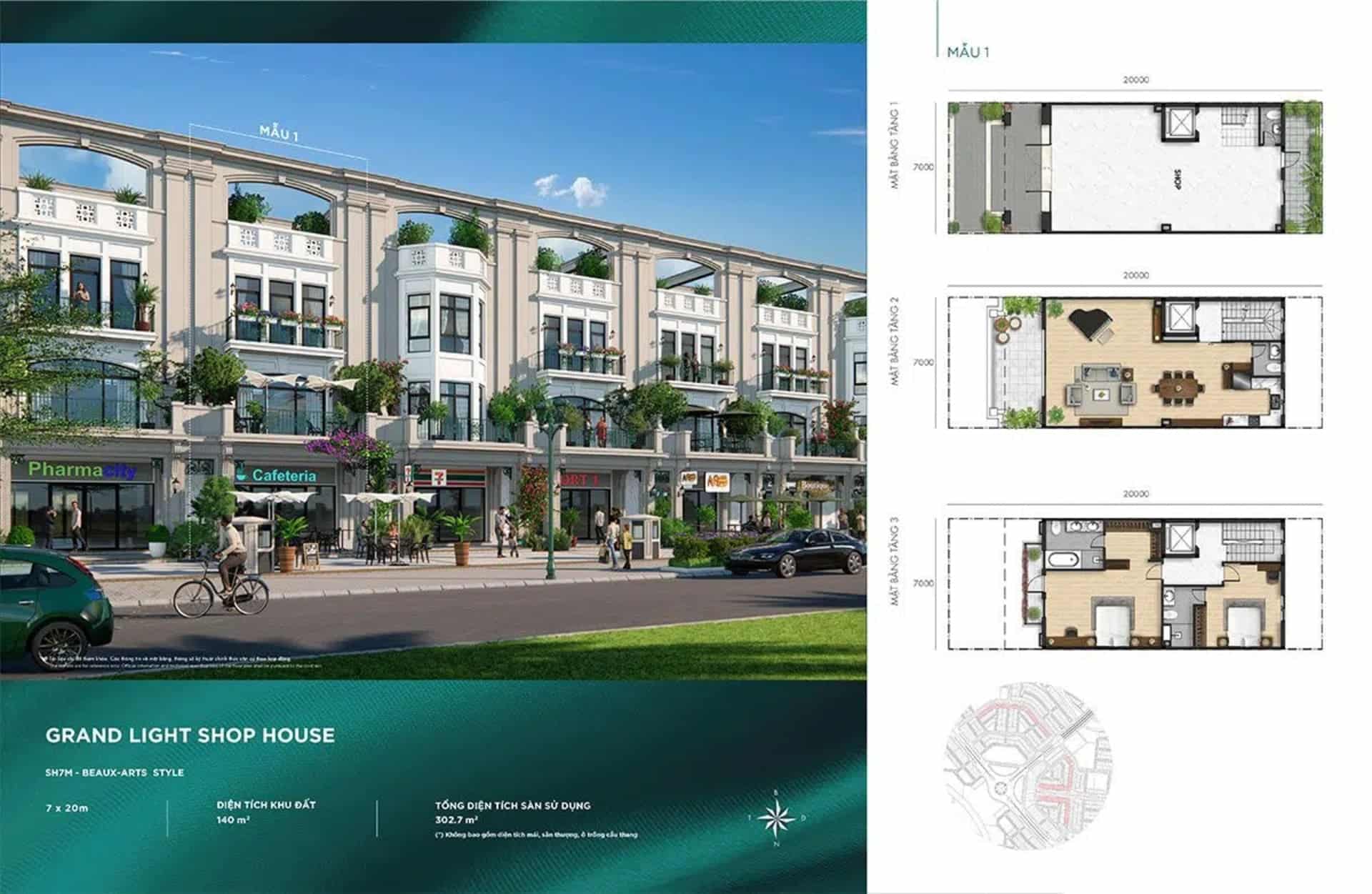 Layout Grand Light Shophouse mẫu 1 tại The Suite – Sun Harbor 2 thể hiện cách bố trí công năng nhiều tầng, tối ưu không gian kinh doanh kết hợp sinh hoạt tại Aqua City Đồng Nai.